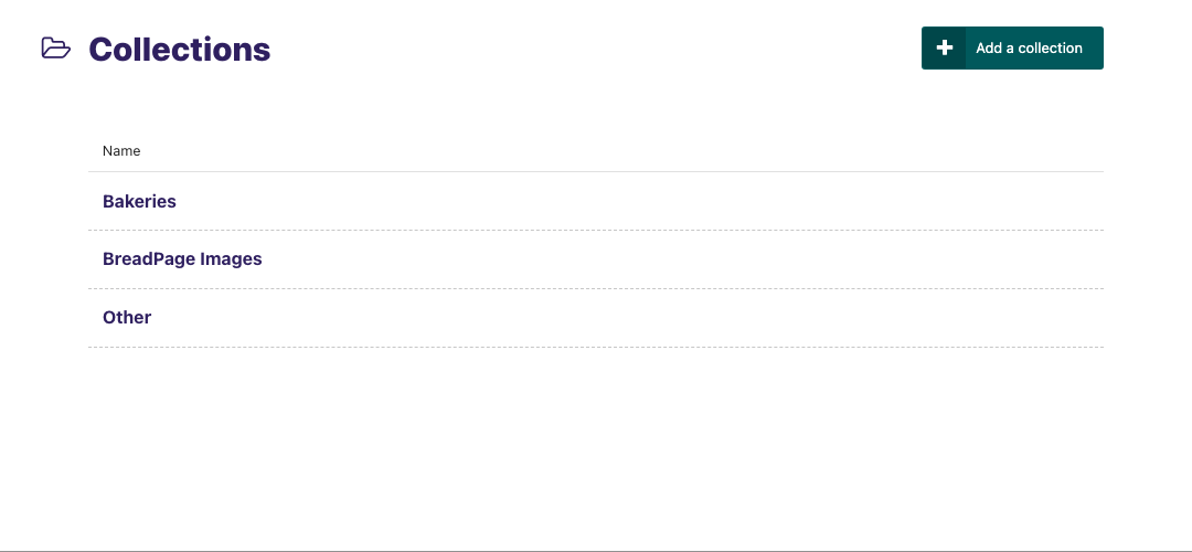 Collections listing with three rows: Bakeries, BreadPage Images, Other