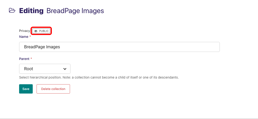 The collection editing form for BreadPage Images, with a red highlight around the Privacy: "public" form control
