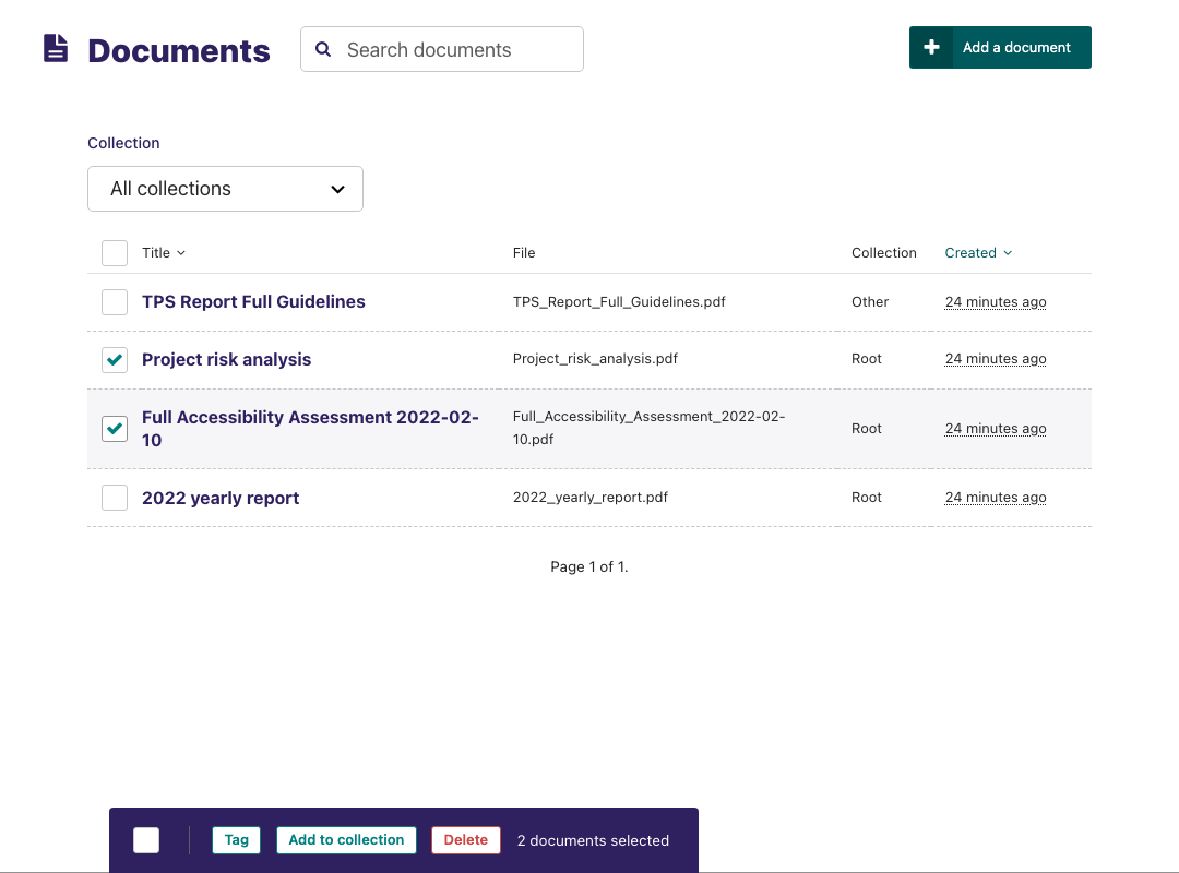 Documents listing, with four items, two of which are selected with their left-hand checkbox. Underneath, an action menu shows different actions and the text "2 documents selected"