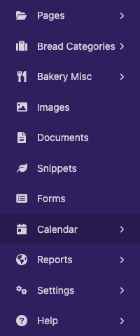 Wagtail admin sidebar menu, showing a "Calendar" menu item with a date icon