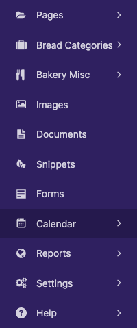 Wagtail admin sidebar menu, showing a "Calendar" menu item with a date icon