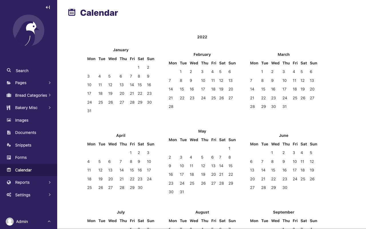 A calendar, shown within the Wagtail admin interface