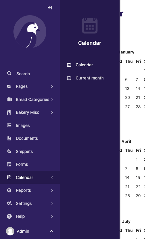 Wagtail admin sidebar menu, showing an expanded "Calendar" group menu item with a date icon, showing two child menu items, 'Calendar' and 'Month'.