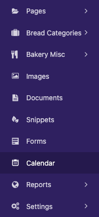 Wagtail admin sidebar menu, showing a "Calendar" menu item with a date icon