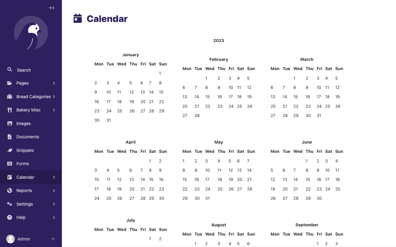 A calendar, shown within the Wagtail admin interface